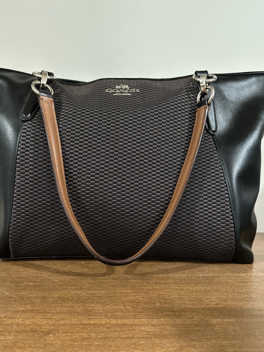 Coach Black Jacquard Shoulder Tote with Brown Straps